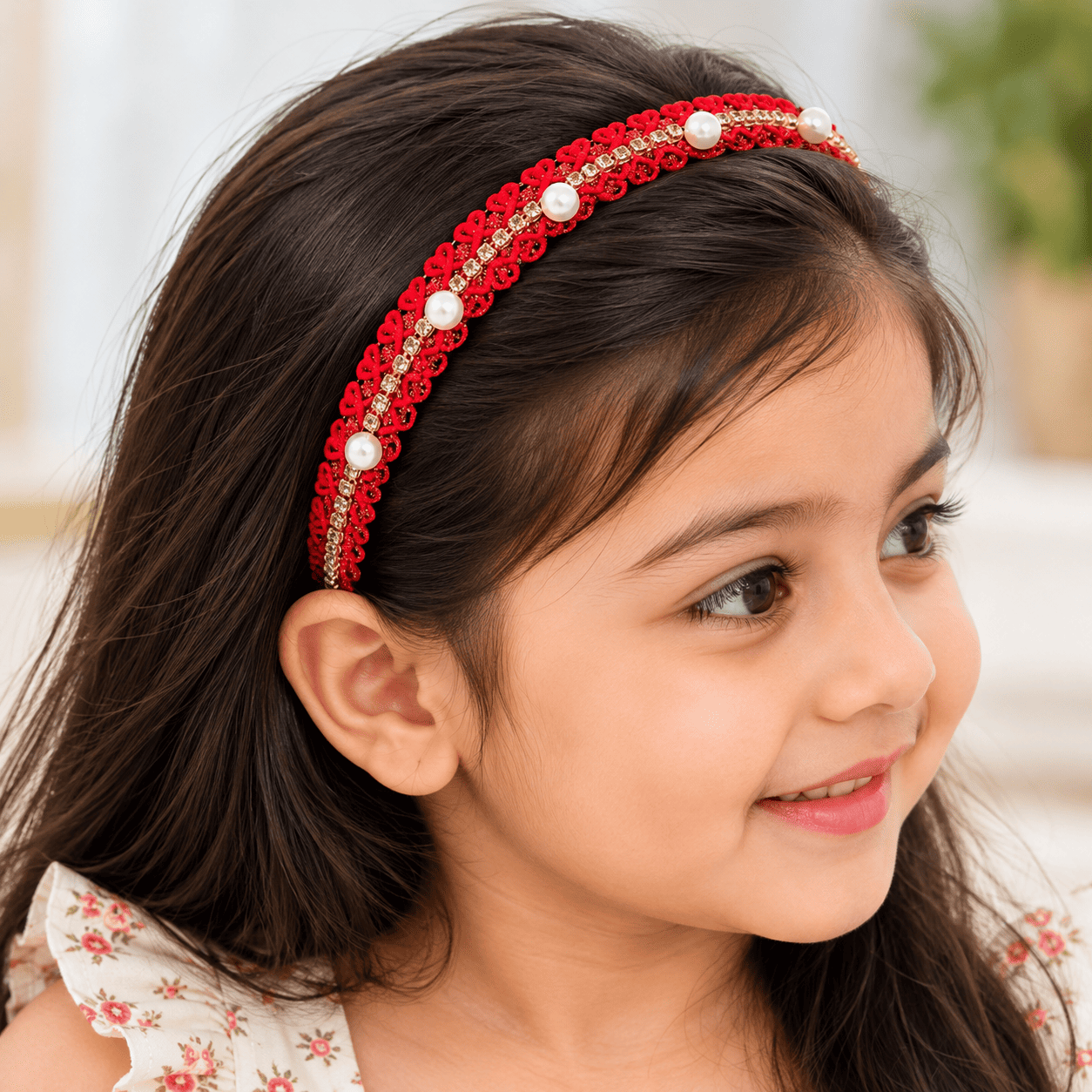 Smiling Girl with Red Pearl Headband